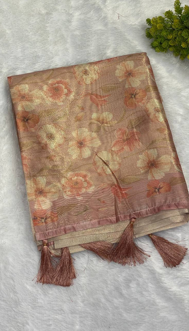 Peach Blush Organza Tissue Silk Floral Printed Saree with Blouse |DS25