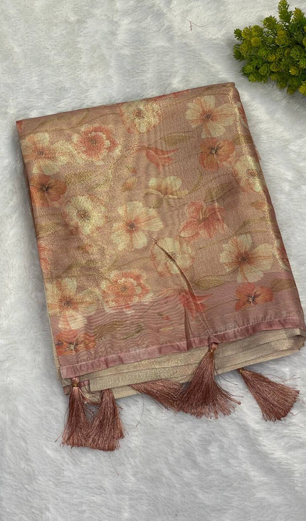 Peach Blush Organza Tissue Silk Floral Printed Saree with Blouse |DS25