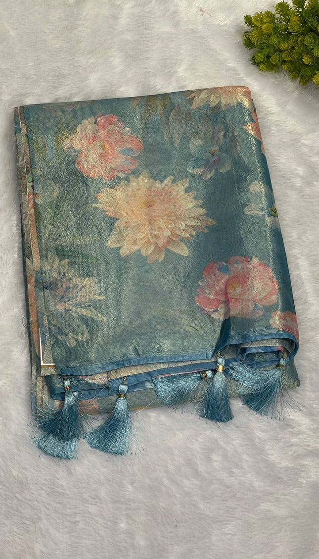 Blue Designer Organza Tissue Silk Floral Saree with Blouse |DS25
