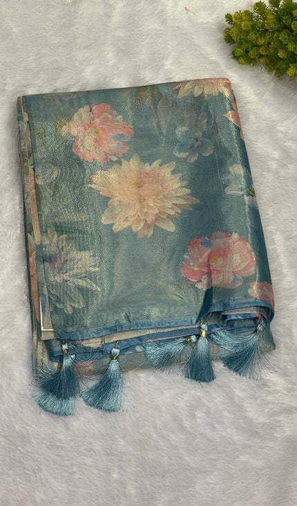 Blue Designer Organza Tissue Silk Floral Saree with Blouse |DS25