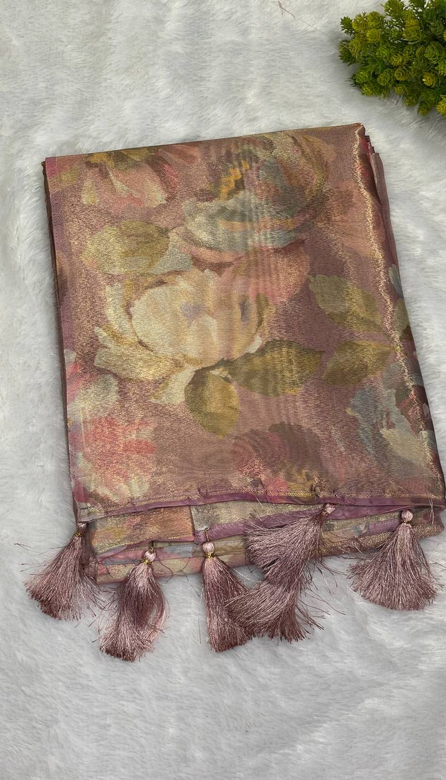 Rose Pink Organza Tissue Silk Designer Floral Saree with Blouse |DS25