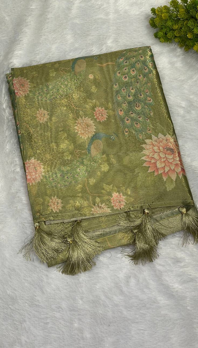 Green Designer Organza Tissue Silk Floral Saree with Blouse |DS25