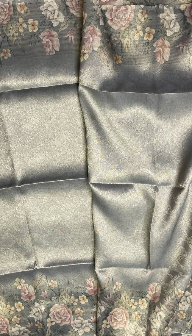 Sage Green Designer Organza Tissue Silk Saree with Floral Print & Blouse |DS25