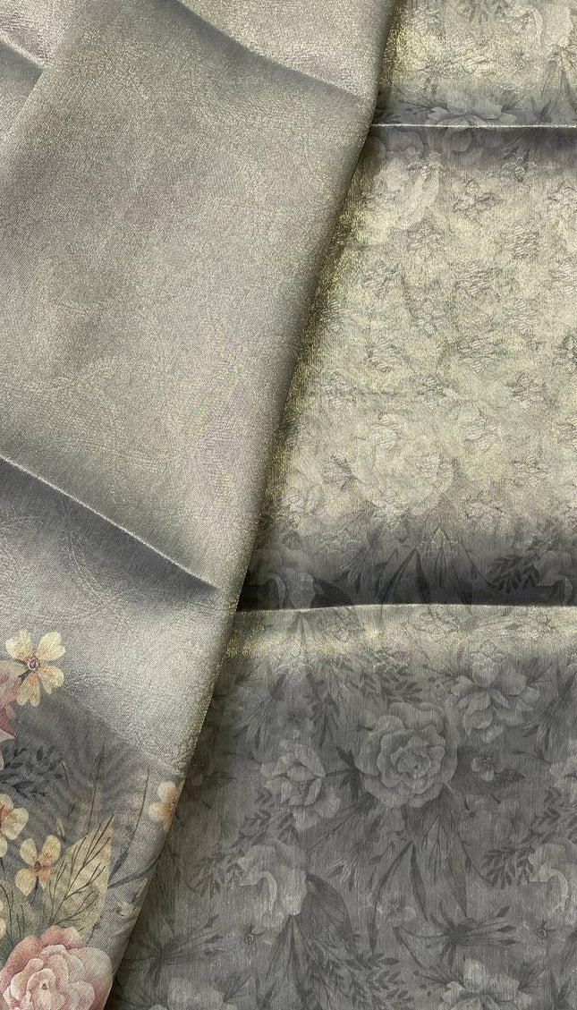 Sage Green Designer Organza Tissue Silk Saree with Floral Print & Blouse |DS25