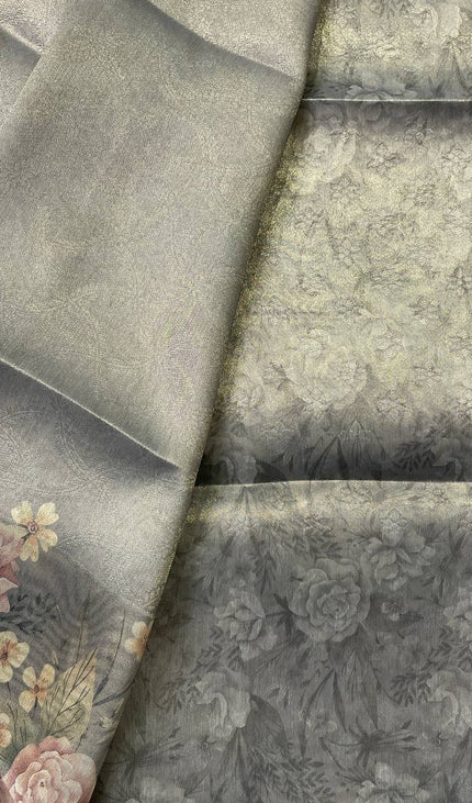 Sage Green Designer Organza Tissue Silk Saree with Floral Print & Blouse |DS25