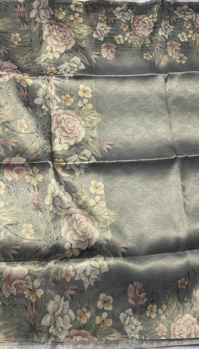 Sage Green Designer Organza Tissue Silk Saree with Floral Print & Blouse |DS25
