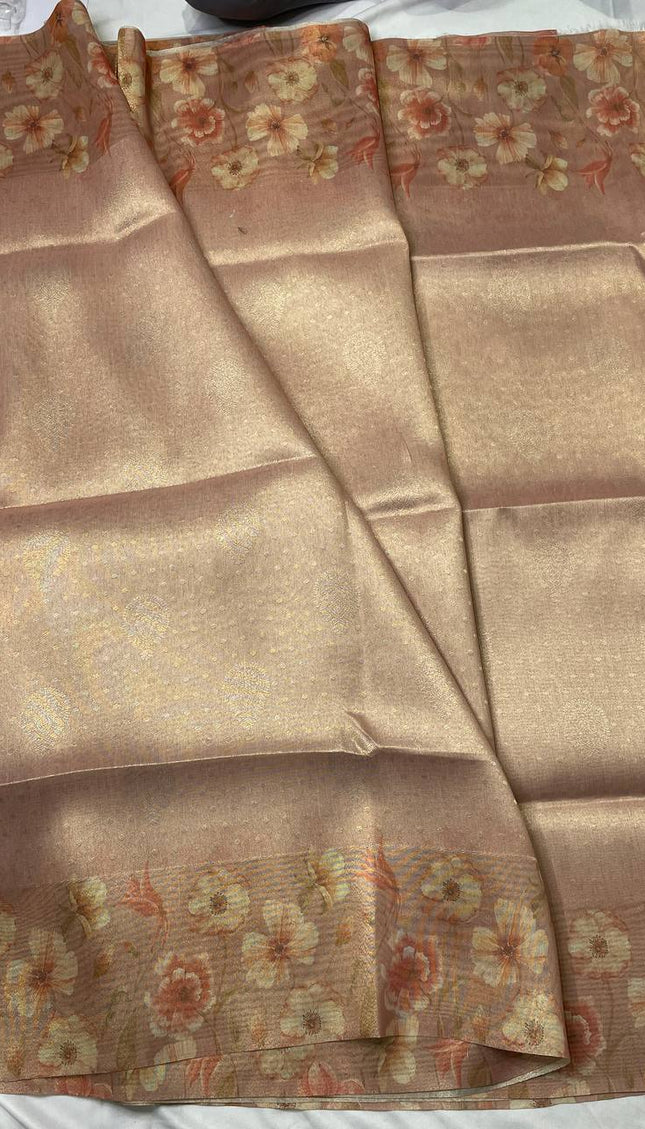 Peach Blush Organza Tissue Silk Floral Printed Saree with Blouse |DS25