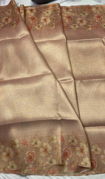 Peach Blush Organza Tissue Silk Floral Printed Saree with Blouse |DS25