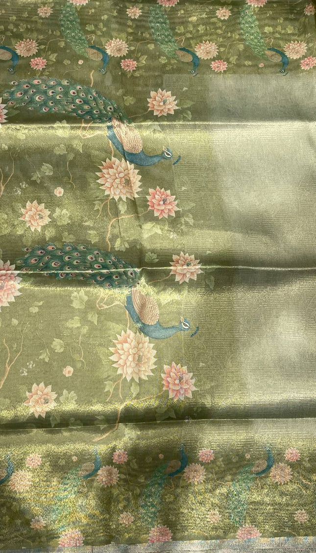Green Designer Organza Tissue Silk Floral Saree with Blouse |DS25