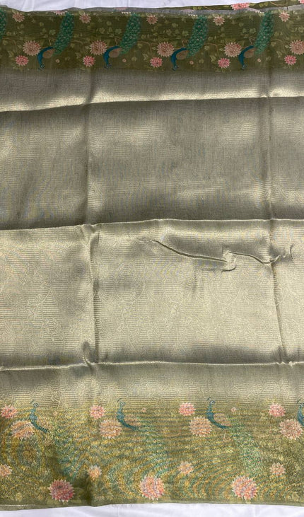 Green Designer Organza Tissue Silk Floral Saree with Blouse |DS25