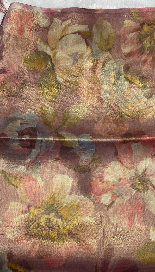 Rose Pink Organza Tissue Silk Designer Floral Saree with Blouse |DS25