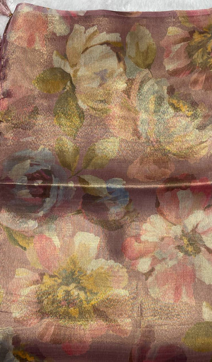 Rose Pink Organza Tissue Silk Designer Floral Saree with Blouse |DS25