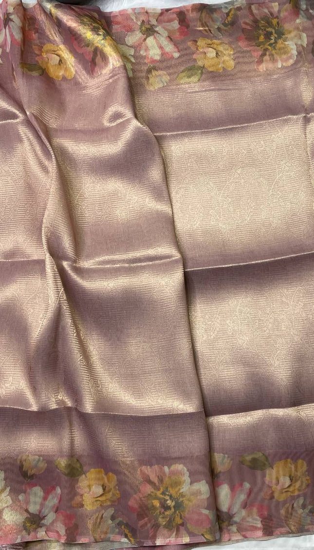 Rose Pink Organza Tissue Silk Designer Floral Saree with Blouse |DS25