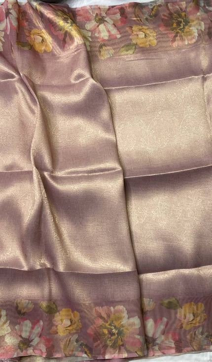 Rose Pink Organza Tissue Silk Designer Floral Saree with Blouse |DS25