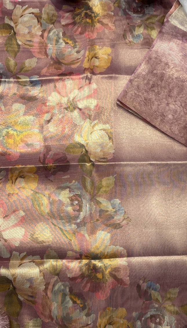 Rose Pink Organza Tissue Silk Designer Floral Saree with Blouse |DS25