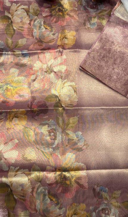 Rose Pink Organza Tissue Silk Designer Floral Saree with Blouse |DS25