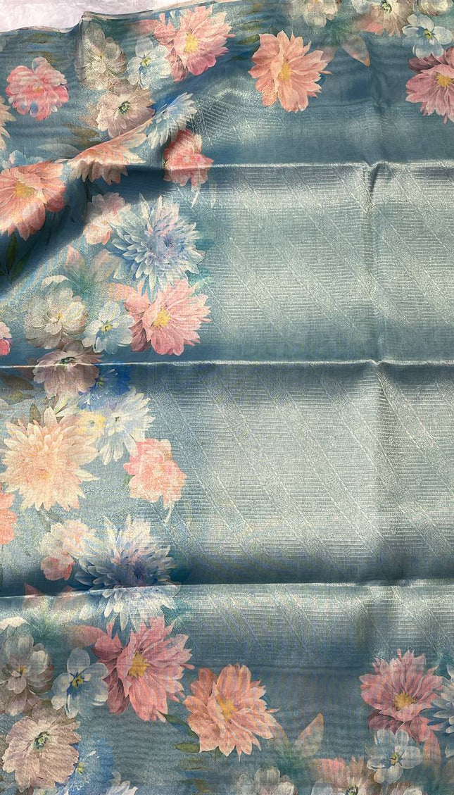 Blue Designer Organza Tissue Silk Floral Saree with Blouse |DS25
