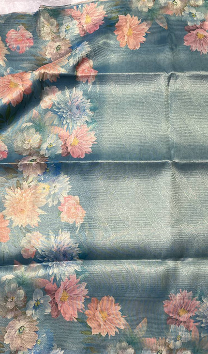 Blue Designer Organza Tissue Silk Floral Saree with Blouse |DS25