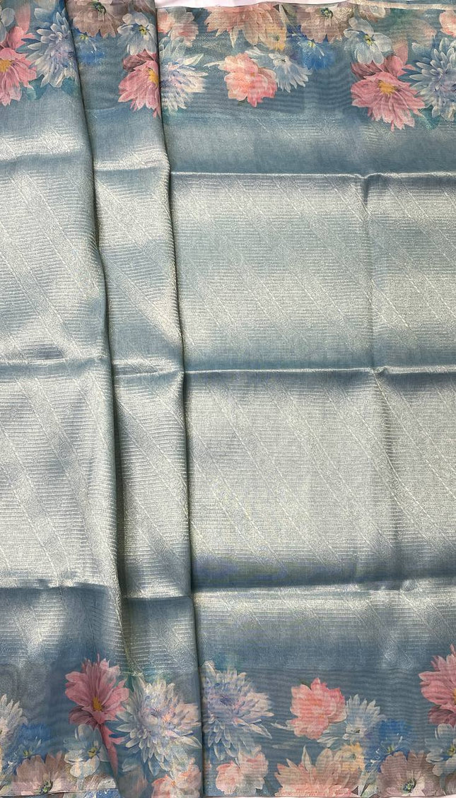 Blue Designer Organza Tissue Silk Floral Saree with Blouse |DS25