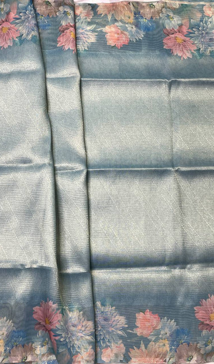 Blue Designer Organza Tissue Silk Floral Saree with Blouse |DS25