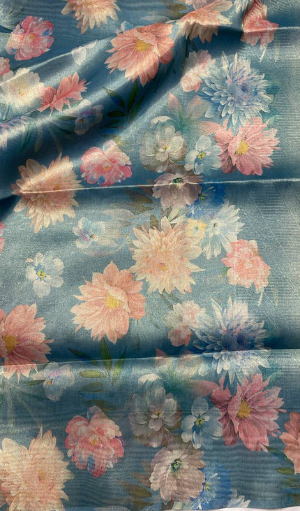 Blue Designer Organza Tissue Silk Floral Saree with Blouse |DS25
