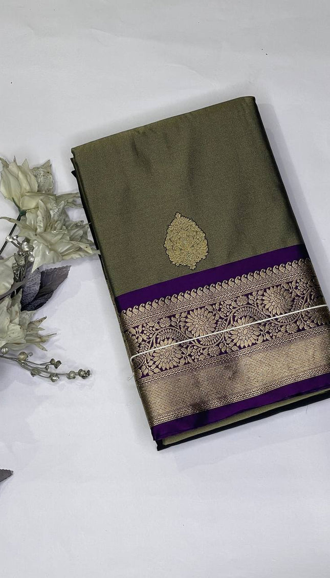 Olive Green Semi Kanjivaram Silk Saree with Purple Zari Border|S15_6