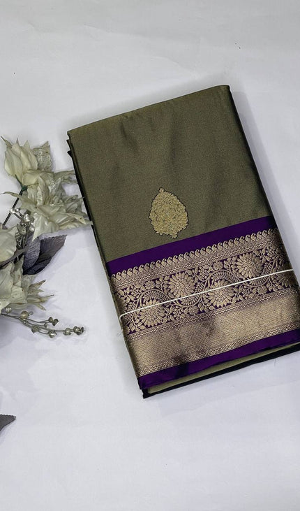 Olive Green Semi Kanjivaram Silk Saree with Purple Zari Border|S15_6