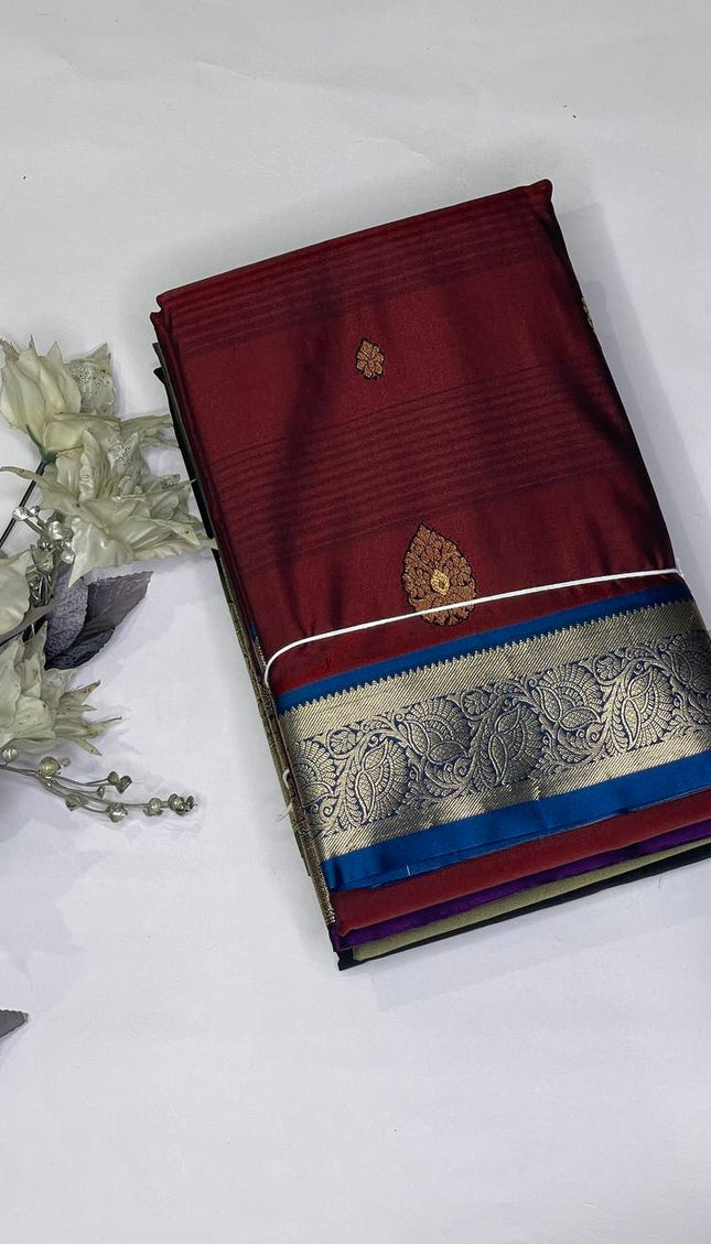 Maroon Semi Kanjivaram Silk Saree with Silver Zari Border|S14_1