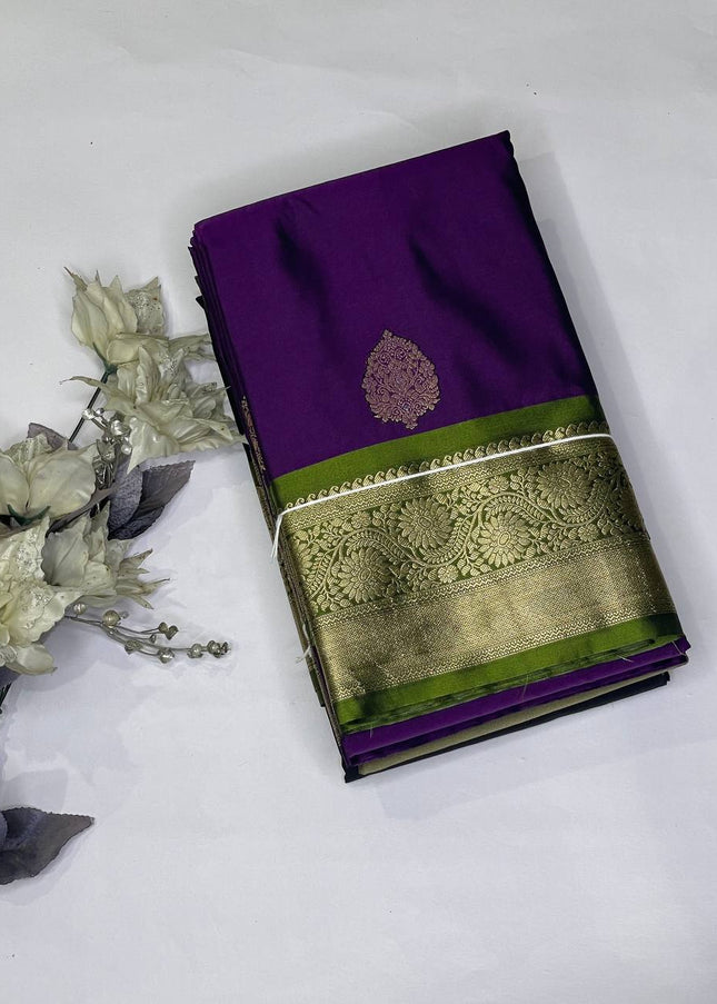 Royal Purple Semi Kanjivaram Silk Saree with Green Zari Border|S15_5