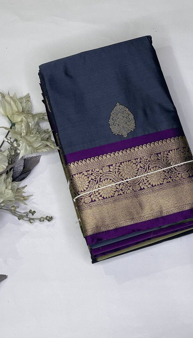 Dark Grey  Semi Kanjivaram Silk Saree with Purple Zari Border|S15_4