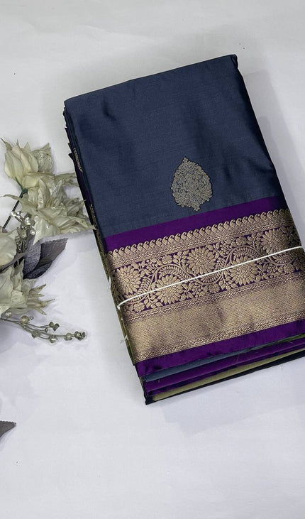 Dark Grey  Semi Kanjivaram Silk Saree with Purple Zari Border|S15_4