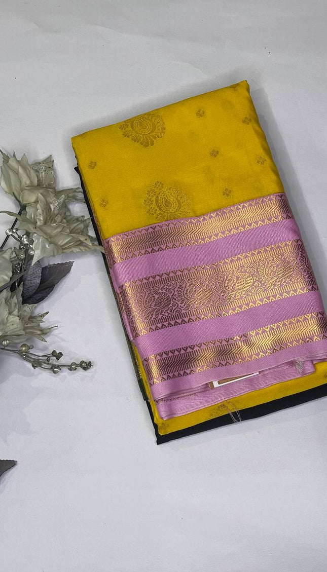 Yellow Premium Soft Bangalore Silk Saree with Pink Zari Border|S16_4