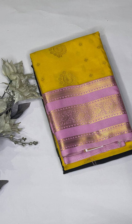 Yellow Premium Soft Bangalore Silk Saree with Pink Zari Border|S16_4