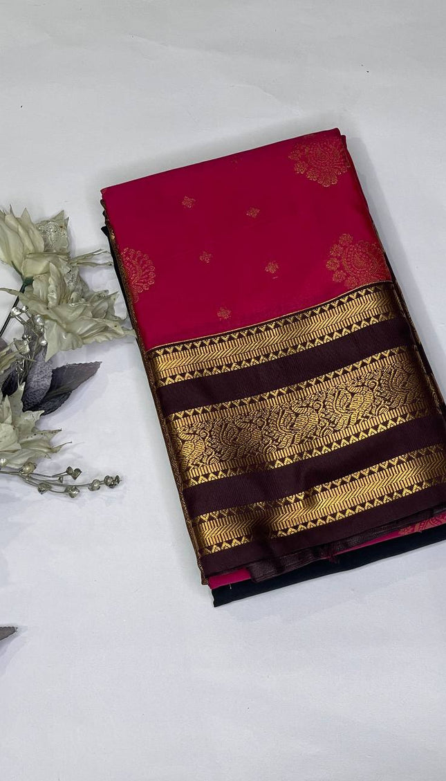 Rani Pink Premium Soft Bangalore Silk Saree with Maroon Zari Border|S16_3