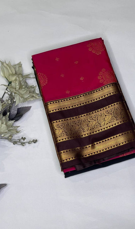 Rani Pink Premium Soft Bangalore Silk Saree with Maroon Zari Border|S16_3