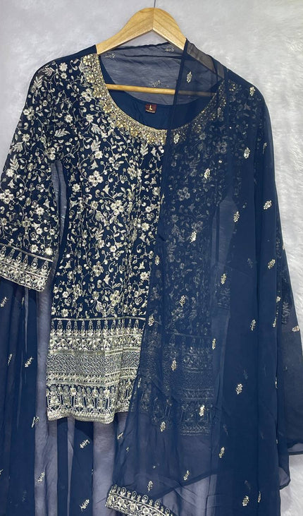 Navy Blue Tissue Organza Palazzo Set with Heavy Floral Embroidery|P6_1