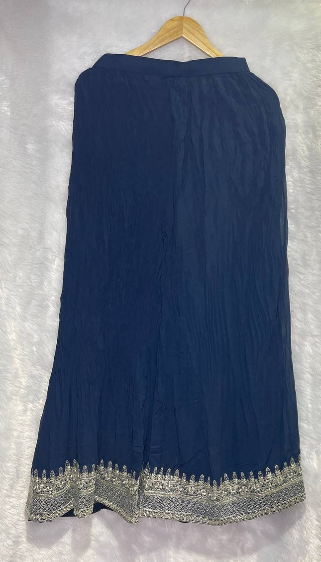 Navy Blue Tissue Organza Palazzo Set with Heavy Floral Embroidery|P6_1