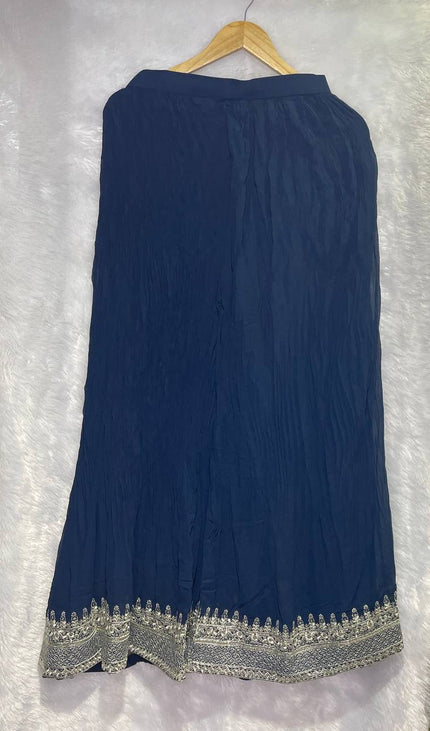 Navy Blue Tissue Organza Palazzo Set with Heavy Floral Embroidery|P6_1