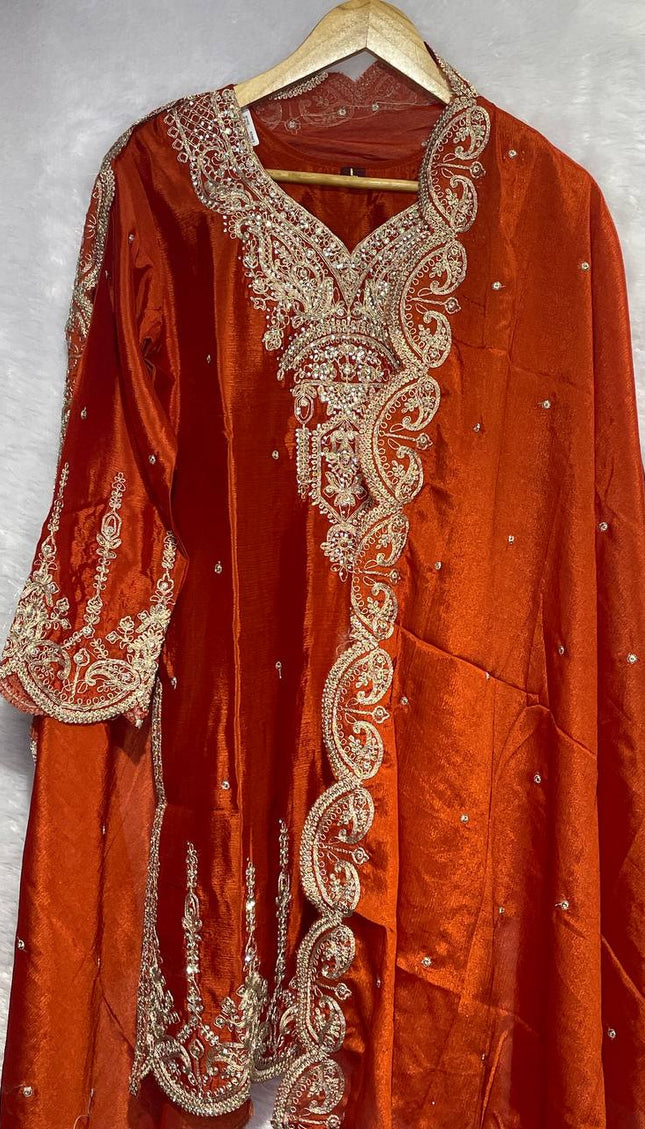 Rust Orange Tissue Organza Palazzo Set with Designer Embroidery|P5_1
