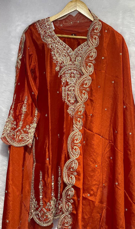 Rust Orange Tissue Organza Palazzo Set with Designer Embroidery|P5_1
