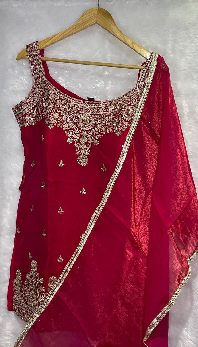 Red Tissue Organza Palazzo Set with Zari Embroidery|P3_3