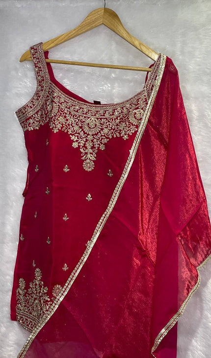 Red Tissue Organza Palazzo Set with Zari Embroidery|P3_3