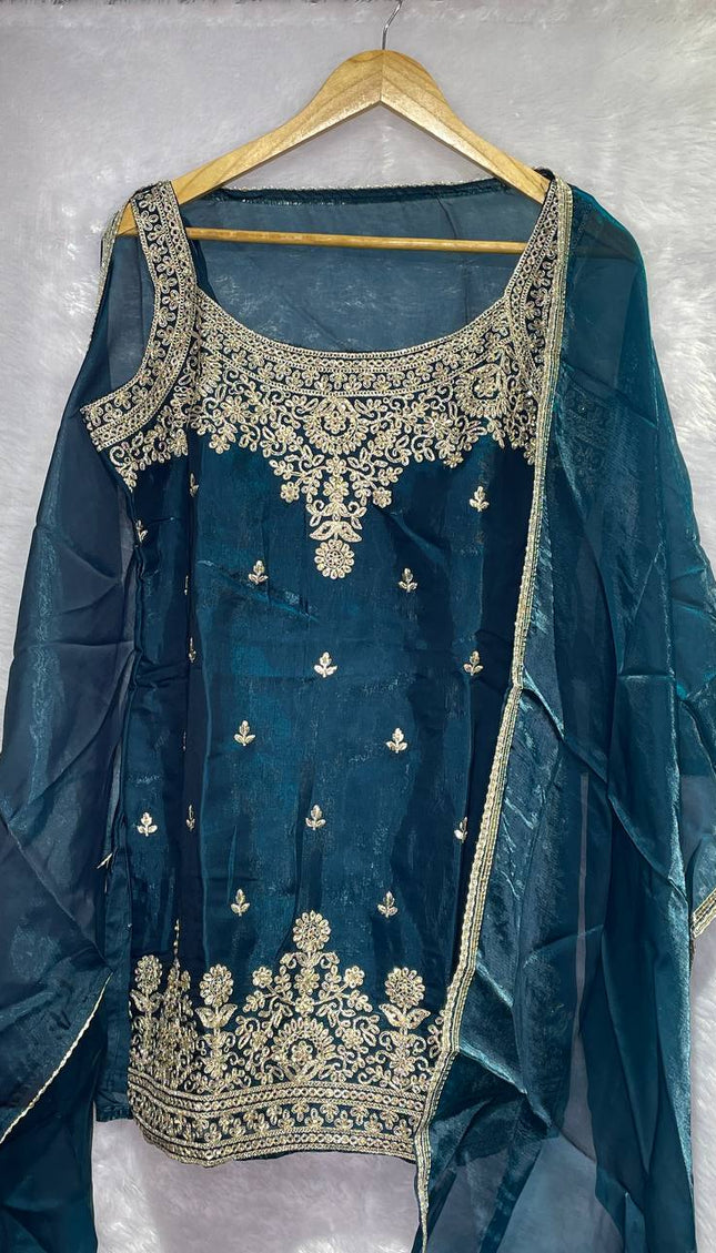 Teal Blue Tissue Organza Palazzo Set with Designer Embroidery|P3_2