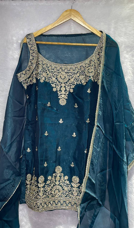 Teal Blue Tissue Organza Palazzo Set with Designer Embroidery|P3_2