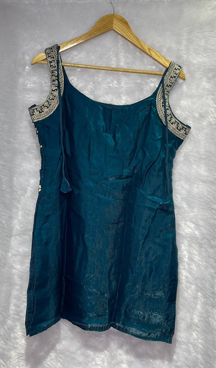 Teal Blue Tissue Organza Palazzo Set with Designer Embroidery|P3_2