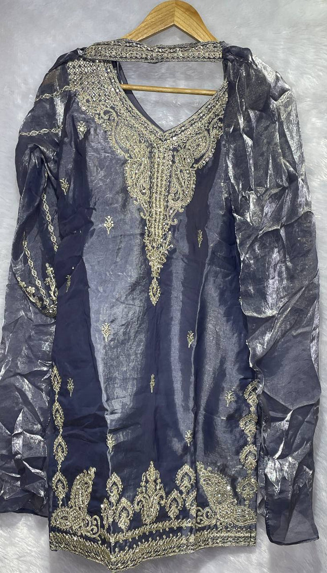 Steel Grey Tissue Organza Palazzo Set with Heavy Embroidery Dupatta|P7_1