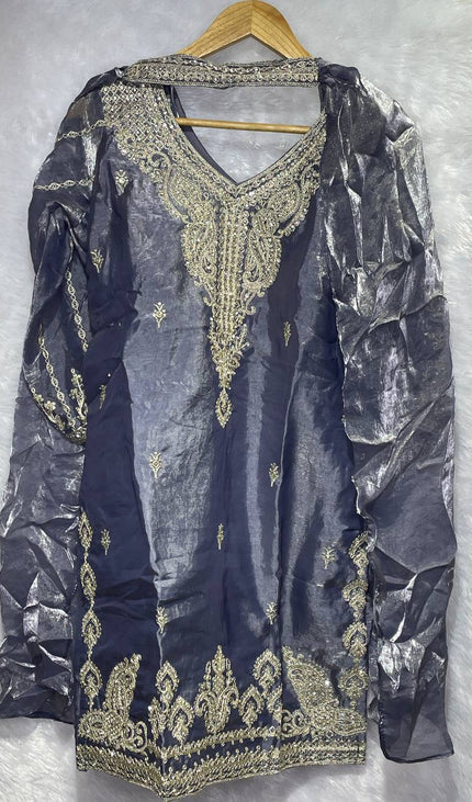 Steel Grey Tissue Organza Palazzo Set with Heavy Embroidery Dupatta|P7_1