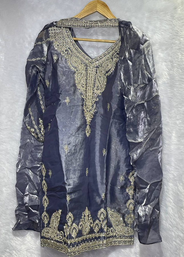 Steel Grey Tissue Organza Palazzo Set with Heavy Embroidery Dupatta|P7_1