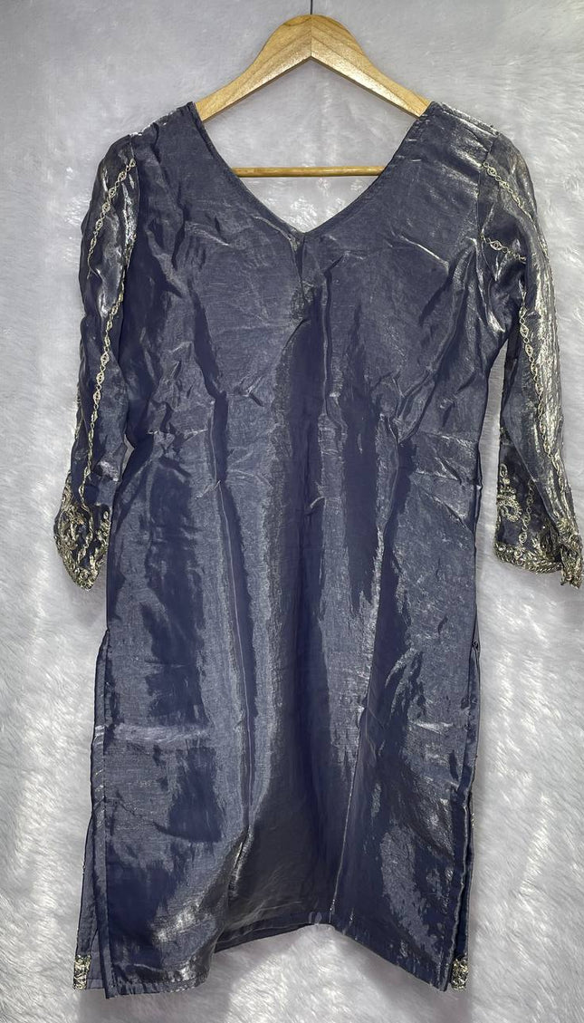 Steel Grey Tissue Organza Palazzo Set with Heavy Embroidery Dupatta|P7_1