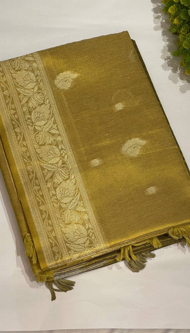 Antique Gold Designer Organza Tissue Silk Saree with Rich Zari Border & Blouse |DS27_3